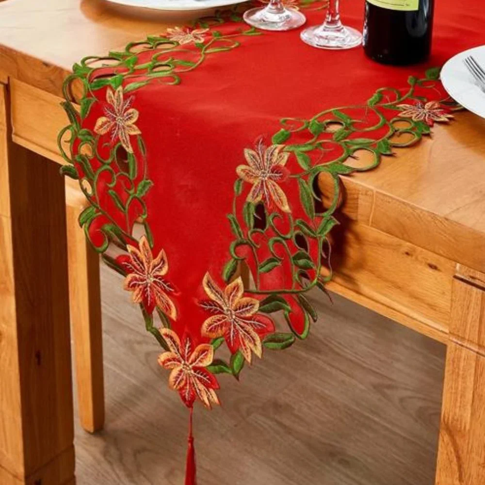 Christmas Table Runner Red Embroidered Decorative Cloth Holiday Decor Decoration